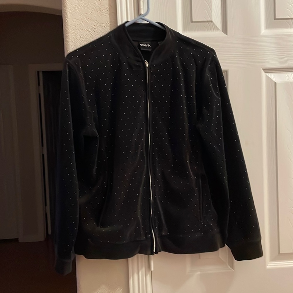 Erika black polka dot zip up velour jacket L